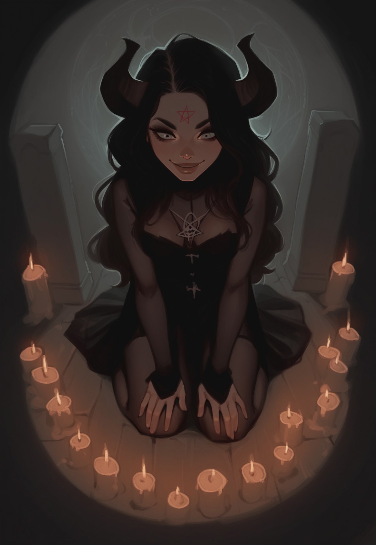 score_9, score_8_up, score_7_up, score_6_up, The ritual of summoning a demon, 1 woman, witch, ghost, see-through body, soft smile, on knees, long hair, magic, night, midnight, fog, halloween, dramatic lighting, backlight, looking down, big gravestones, candles,  from above, pumpkin, rating_safe