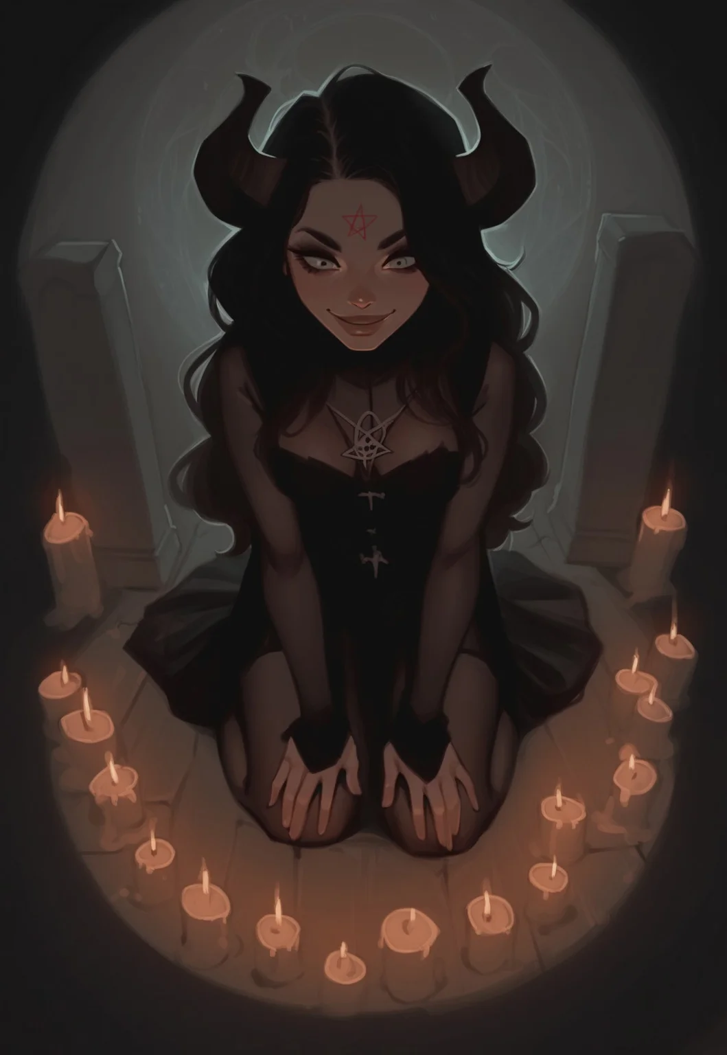 score_9, score_8_up, score_7_up, score_6_up, The ritual of summoning a demon, 1 woman, witch, ghost, see-through body, soft smile, on knees, long hair, magic, night, midnight, fog, halloween, dramatic lighting, backlight, looking down, big gravestones, candles, from above, pumpkin, rating_safe