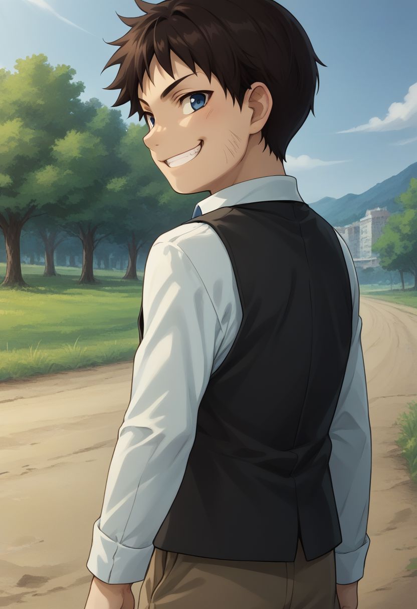 score_9, score_8_up, source_anime, highly detailed, selim, 1boy, solo, cute,
selim, 1boy, male focus, blue eyes, solo, shorts, necktie, male child, black hair, vest, blue necktie, brown hair, child, upper body, 
outdoor, from back, looking back, grin, evil smile,