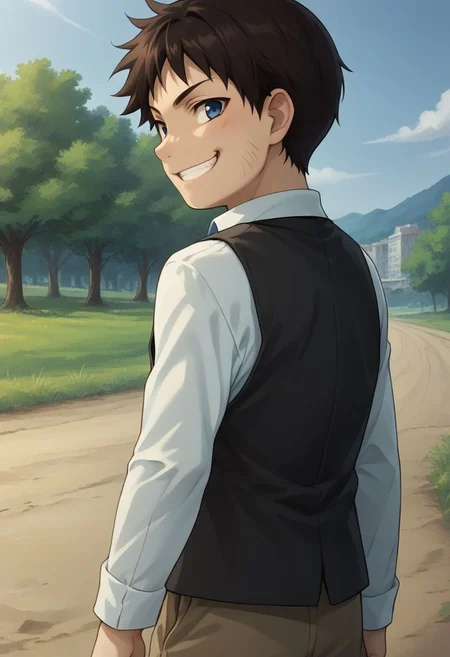 score_9, score_8_up, source_anime, highly detailed, selim, 1boy, solo, cute,
selim, 1boy, male focus, blue eyes, solo, shorts, necktie, male child, black hair, vest, blue necktie, brown hair, child, upper body, 
outdoor, from back, looking back, grin, evil smile,