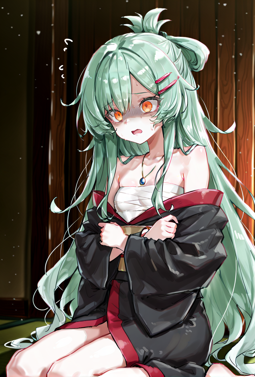 1girl, sensitive, (artist:sincos:0.4), (artist:deadflow:0.5), (artist:ao+beni:0.9), (artist:quasarcake:0.85), (artist:nanashi \(nlo\):0.1), (artist:tianliang duohe fangdongye:1), <lora:Suro:0.9>, small breasts, orange eyes, green hair, very long hair, japanese clothes, hairclip, wide sleeves, black kimono, chest sarashi, off shoulder, necklace, (scared, panicking, wariza, empty eyes, hands up, holding own arms, shaded face:1.3), masterpiece, best quality, amazing quality, very aesthetic, absurdres, newest, scenery, <lora:deal360acv illustrious 006:0.45>, <lora:dj_sloppa_ill_v2:0.2>, <lora:nyalia:0.35>