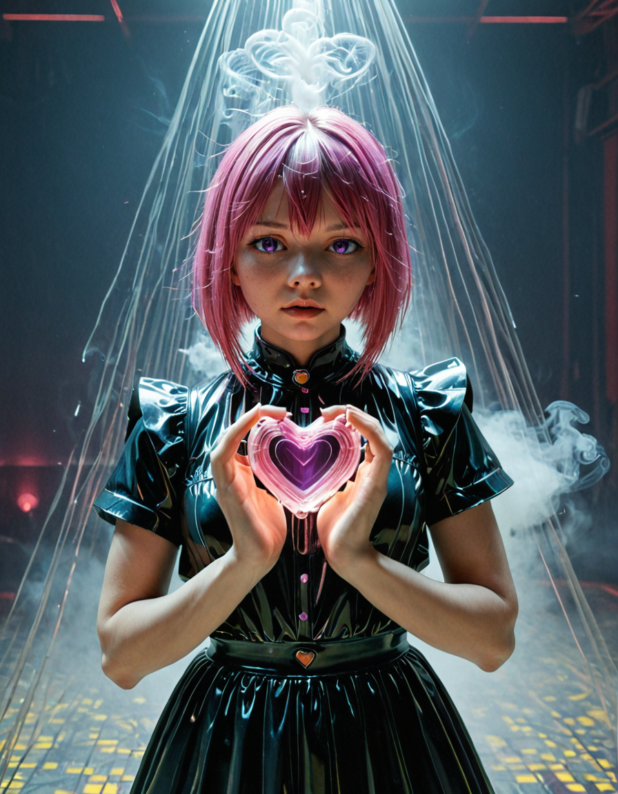 . masterpiece, best quality, amazing quality, very aesthetic, absurdres, newest, scenery, highres, high detail, 
1girl, CivChan, Time Loop Comic Style, artist:Kiyohiko_Azuma, safe, sfw, purple eyes, pink hair, hair_between_eyes, kubrick stare, w0gf1l, wearing death dealer's clothes made of tiny neon glass filaments, (holding Heart of Life) made of tiny neon glass filaments, Prayer Hands, Metalworking, in Cyberpunk nightclub with interactive dance floors and futuristic music., 
dutch angle, Strobe light combined with fog or smoke for added drama (Strobe with Fog)., 
, , , 
, <lora:CivChan_SDXL:0.9>,<lora:hand 5.5:1>,<lora:Dynamic Poses:1>,<lora:World_of_Glass_Filament:0.9>