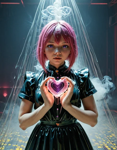 . masterpiece, best quality, amazing quality, very aesthetic, absurdres, newest, scenery, highres, high detail,
1girl, CivChan, Time Loop Comic Style, artist:Kiyohiko_Azuma, safe, sfw, purple eyes, pink hair, hair_between_eyes, kubrick stare, w0gf1l, wearing death dealer's clothes made of tiny neon glass filaments, (holding Heart of Life) made of tiny neon glass filaments, Prayer Hands, Metalworking, in Cyberpunk nightclub with interactive dance floors and futuristic music.,
dutch angle, Strobe light combined with fog or smoke for added drama (Strobe with Fog).,
, , ,
, <lora:CivChan_SDXL:0.9>,<lora:hand 5.5:1>,<lora:Dynamic Poses:1>,<lora:World_of_Glass_Filament:0.9>