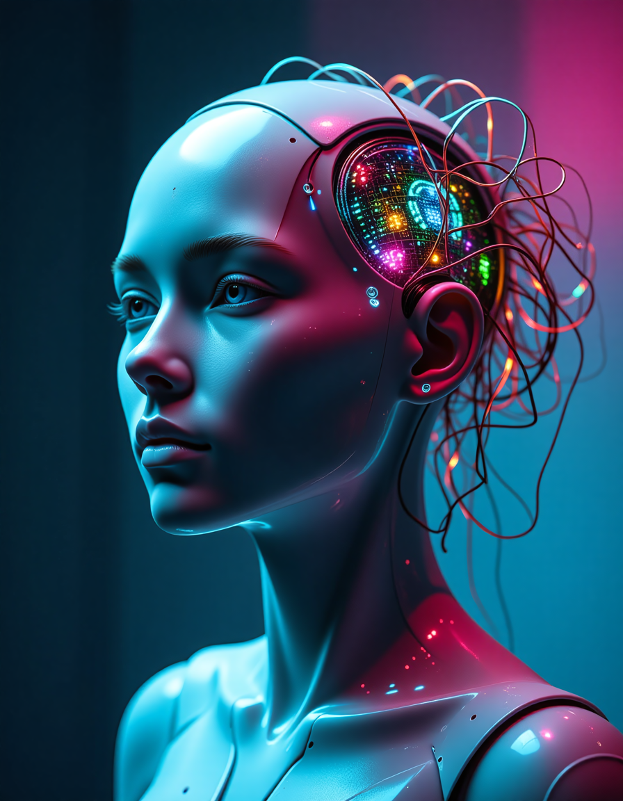 A sleek, a humanoid biopunk robot head with a glowing multicolored neon circuitry grid visible beneath its translucent, pale skin, stands serenely within a minimalist, high-tech space. Its delicate facial features, high cheekbones, and subtle, enigmatic smile are set amidst a wild tangle of fiber-optic 'hair' strands that shimmer and glow in harmony with the circuitry. A soft, ethereal glow from the background's blurred, gradient blend of dark blues and purples casts an otherworldly light, causing the neon colors to shimmer with increased vibrancy and imbuing the scene with a sense of enchanting futurism, as if this robot is a masterpiece of    <lora:flux/Realism 2.safetensors:1.0>,  <lora:flux_trainer/moxiePunk_v3.safetensors:1.0>,