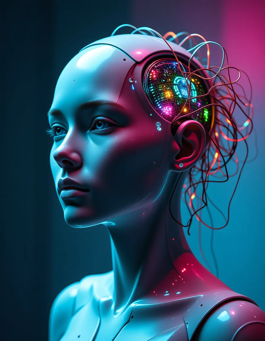 A sleek, a humanoid biopunk robot head with a glowing multicolored neon circuitry grid visible beneath its translucent, pale skin, stands serenely within a minimalist, high-tech space. Its delicate facial features, high cheekbones, and subtle, enigmatic smile are set amidst a wild tangle of fiber-optic 'hair' strands that shimmer and glow in harmony with the circuitry. A soft, ethereal glow from the background's blurred, gradient blend of dark blues and purples casts an otherworldly light, causing the neon colors to shimmer with increased vibrancy and imbuing the scene with a sense of enchanting futurism, as if this robot is a masterpiece of    <lora:flux/Realism 2.safetensors:1.0>,  <lora:flux_trainer/moxiePunk_v3.safetensors:1.0>,