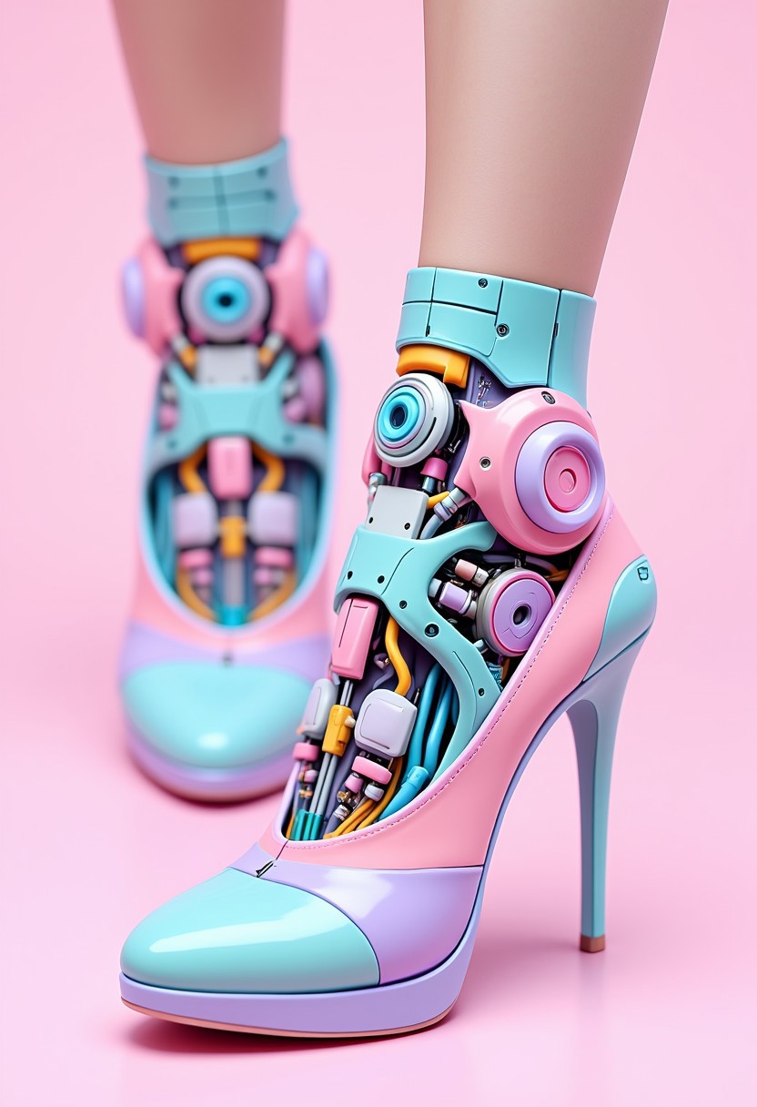 ajpasbot. This image is a highly detailed, digital artwork showcasing a pair of futuristic high-heeled shoes. The shoes are designed with intricate, mechanical components integrated into their structure, giving them a cyberpunk aesthetic. The heels are high, with a height that could be around 4-5 inches, and are crafted in a pastel color scheme featuring soft hues of pink, mint green, light blue, and lavender. The shoes are adorned with various mechanical parts, including circular pods, wires, and small, cylindrical components, which are colored in a mix of neon blue, pink, and yellow, adding to their futuristic look. The heels are designed to resemble high-tech prosthetic limbs, complete with articulated joints and a complex network of wires and circuitry visible through the transparent, pastel-colored plastic.