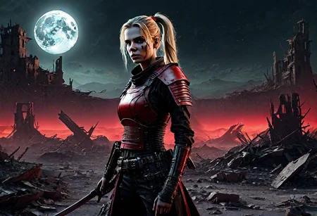 Samurai Girl emerges from the moonlit shadows of a desolate wasteland, she fightsa band of soldiers her blond hair tied back in a ponytail and clad in black and red cyberpunk leather armor. With two katanas at her side, she moves with silent grace through the ruins of a crumbling city, the moon casting an eerie glow on her every fluid movement.Amidst the ruins of a once-thriving city, wasteland. electrifying the sexually charged atmosphere. octane render, unreal engine 5cyberpukai, Cyberpunk