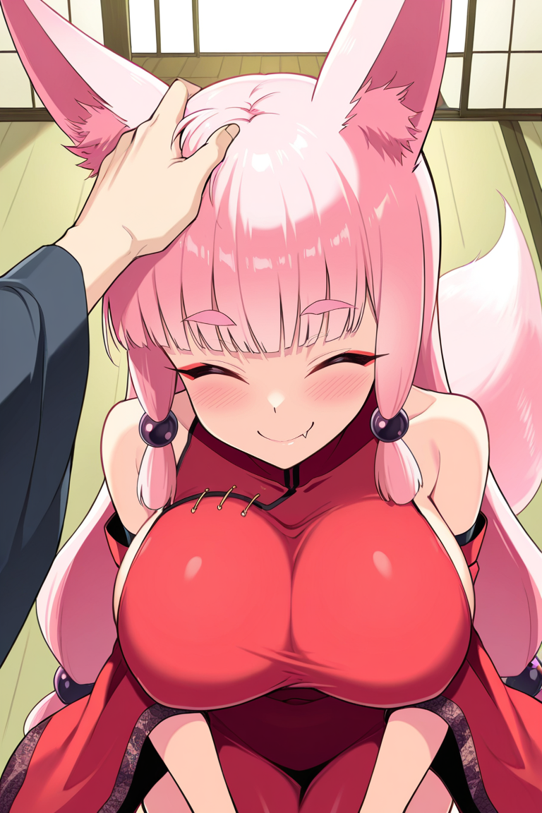 masterpiece , source_anime, breasts, animal ears, 1girl, solo, , long hair, tail, , blunt bangs, , closed eyes, , bangs, detached sleeves, , fox ears,, , fox tail, , large breasts, pink hair, , , wide sleeves, fang, very long hair, smile, , red dress, , blush , pov, petting