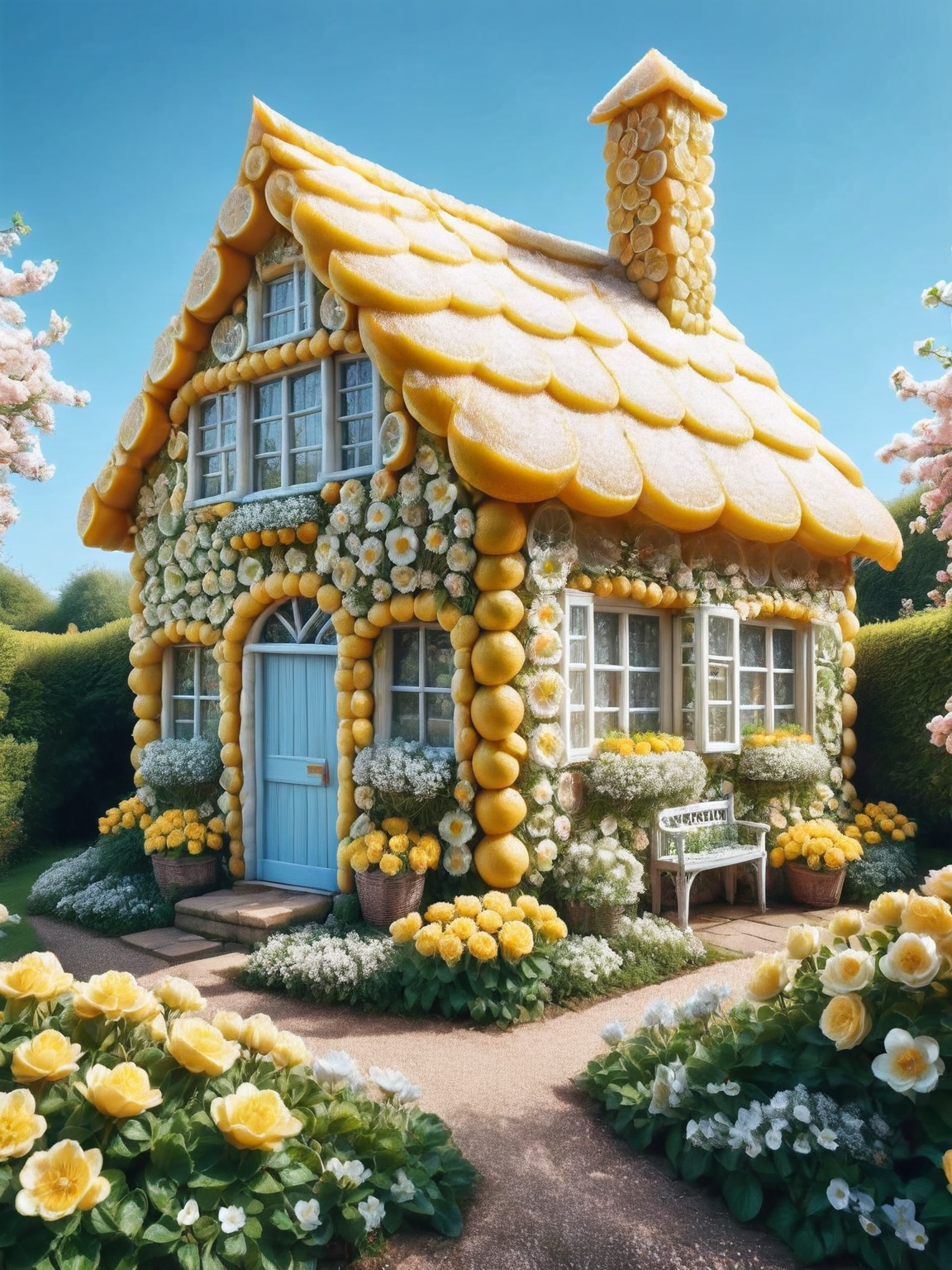 A quaint English cottage made of ais-lmnsgr, surrounded by a garden of blossoming ais-lmnsgr flowers under a clear blue sky <lora:ais-lmnsgr-sdxl:1>