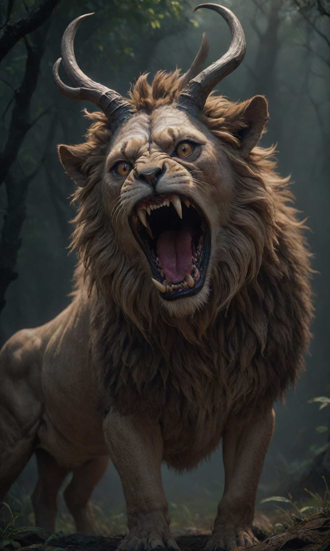A creature that looks like a man, with the body and eyes of a lion. She has two horns on her head and an open mouth full of antlers in the style of ZdzisÅaw BeksiÅski 4k photorealistic, unreal engine 5, masterpiece, trending on artstation, cgstudio lighting, cinematic, dramatic, <lora:Fast:0.69>