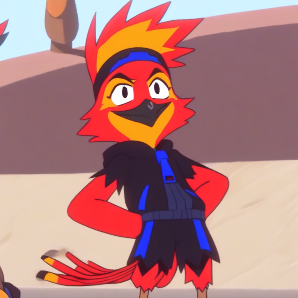 Ash(character), avian, female, bandanna, ash outfit, black beak, outside, smile, upper body, solo,