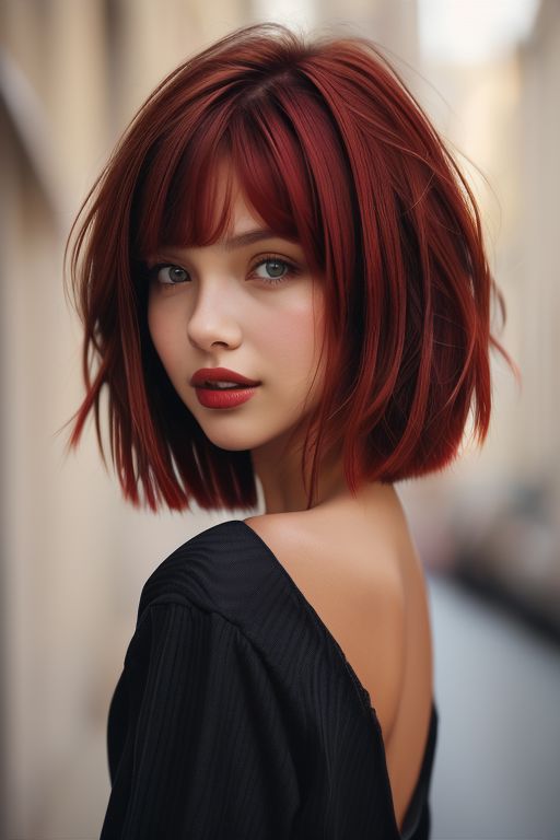 1girl,solo,bellissima,looking at viewer, short hair,shirt,brown eyes,upper body,red hair,parted lips,teeth,blurry,from side,lips,looking to the side,black shirt,blurry background,bob cut,portrait,realistic,nose