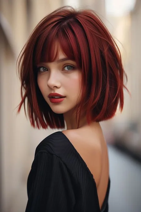 1girl,solo,bellissima,looking at viewer, short hair,shirt,brown eyes,upper body,red hair,parted lips,teeth,blurry,from side,lips,looking to the side,black shirt,blurry background,bob cut,portrait,realistic,nose