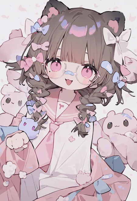 (ask \(askzy\):0.35), masterpiece, best quality, very aesthetic, absurdres, year 2024, year 2023, chibi, fuchsia theme, 1girl, solo, side braids, brown hair, bandaid on nose, cute, blush, :3, open mouth, looking at viewer, dutch angle, high angle, pink eyes, sailor shirt, pink tie, multiple hair bows, mole under eye, glasses, animal ears, stuffed animal, stuffed rabbit,