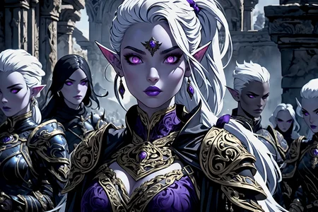 (masterpiece, best quality), 1girl, surrounded by female warriors, white hair, long ponytail, <lora:Drow:0.7> drow, ornate armor, black outfit, purple eyes, uhd, photoreaslitc