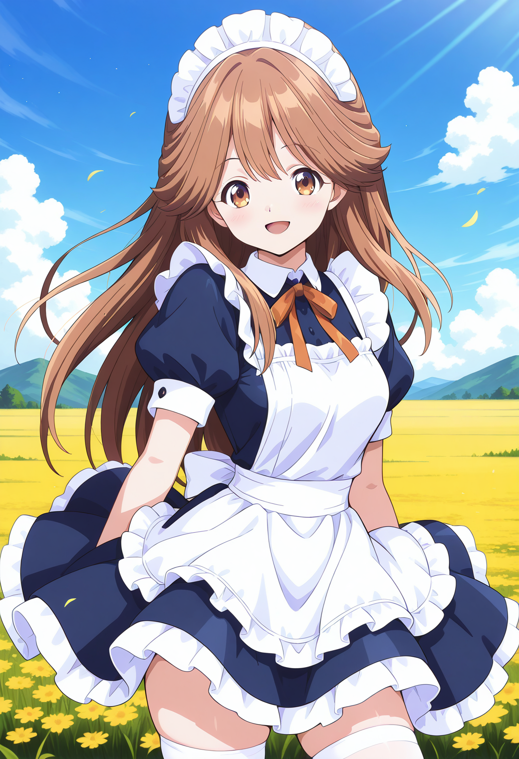 kawai_iyona, brown eyes, brown hair, long hair, maid headdress, maid apron, maid, blue dress, white thighhighs, <lora:kawai_iyona_illustrious_ver1:0.8>
smile, open mouth,  1girl, solo, (field:1.2), (blue sky:1.2), looking at viewer,, masterpiece, best quality, general,, (cowboy shot, dynamic pose:1.4),