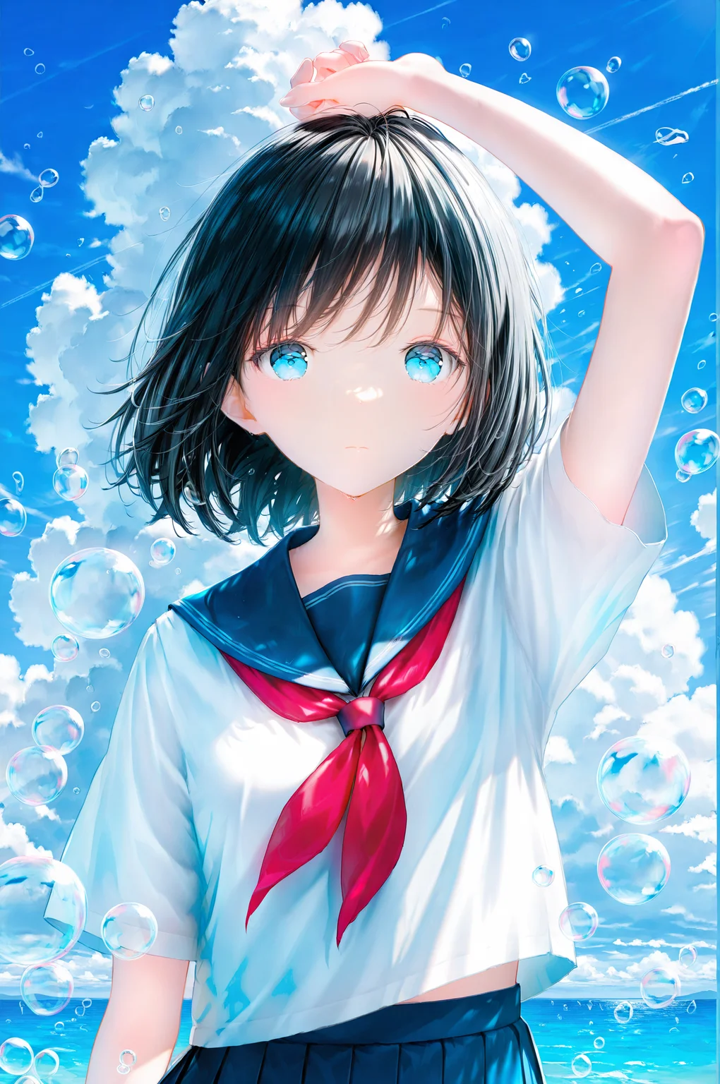 masterpiece,best quality,1girl,solo,absurdres, 1girl, solo, blue eyes, skirt, school uniform, blue skirt, sky, sailor collar, neckerchief, cloud, short sleeves, serafuku, blue sailor collar, shirt, blue sky, white shirt, pleated skirt, looking at viewer, short hair, closed mouth, bangs, black hair, water, outdoors, arm up, red neckerchief, bubble, day ,
upper body,<lora:jizell-illV1-000018:1>,
