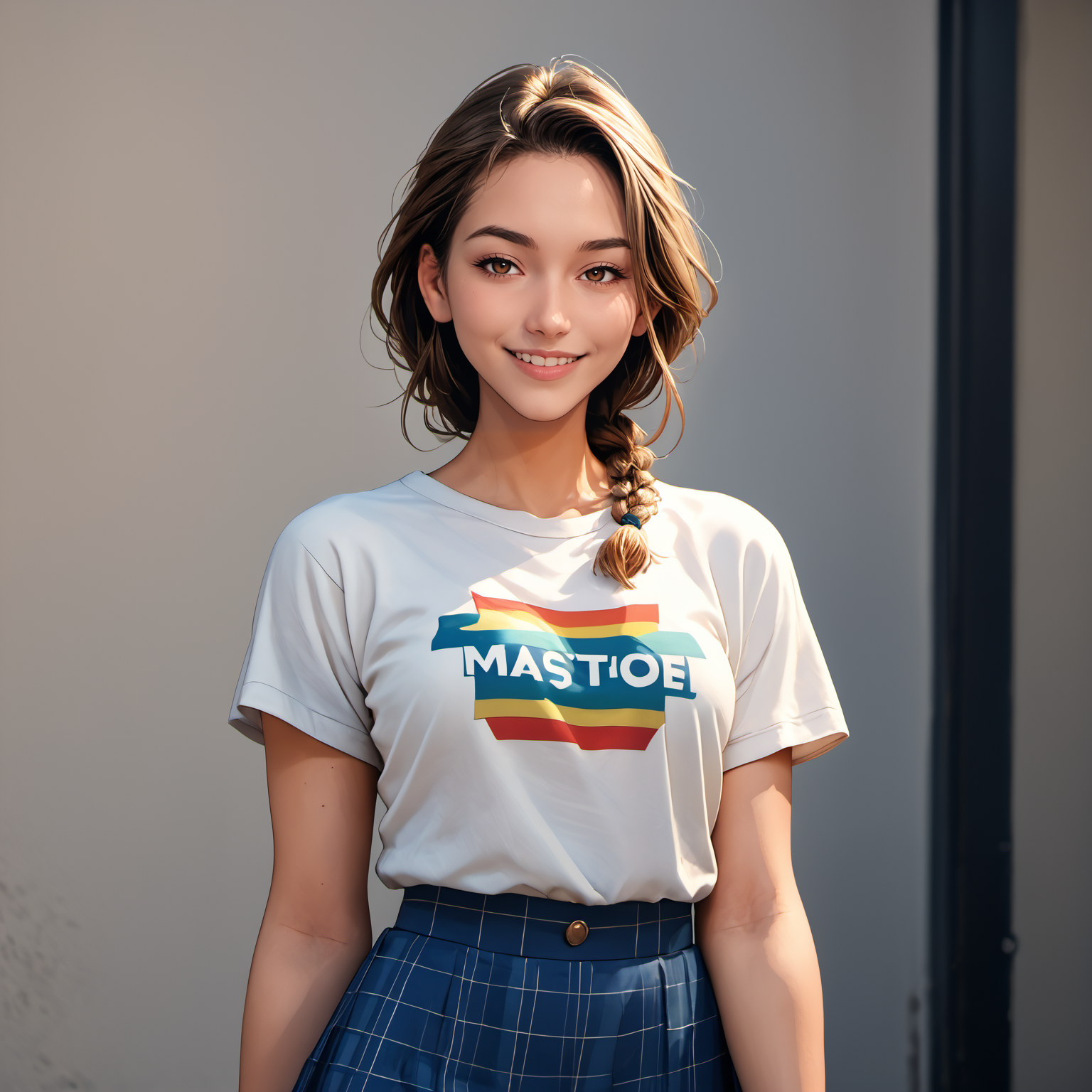 (score_9, score_8_up, score_7_up, outlines, source_anime, source_cartoon, best quality, masterpiece),street, 
anime drawing of, 3m3li3vx  ,colorful t-shirt, skirt, posing, smile, braid, brown eyes,   <lora:Emelie Nobody_epoch_12_Pony_VX:0.6>    <lora:raichiyo33XLP:0.8> raichiyo33