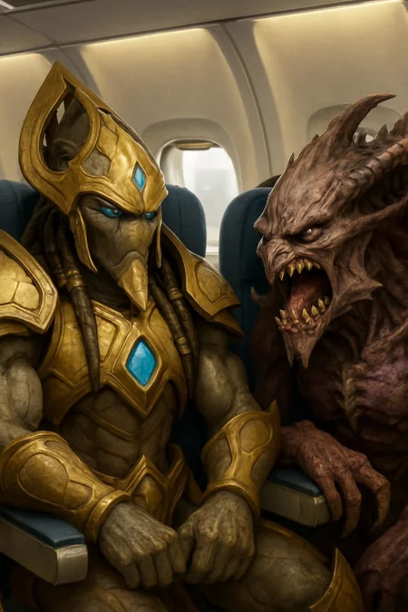  Protoss and zerg sitting uncomfortably close to one another on an airplane, both looking angry fighting for space 