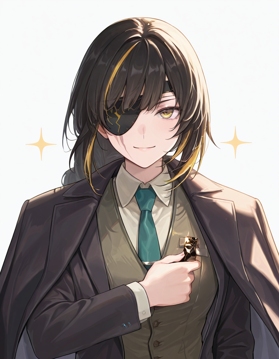 Volumetric Lighting, (masterpiece), (best quality), (ultra-detailed), masterpiece, source_anime, score_9, score_8_up, score_7_up BREAK, illustration, disheveled hair, detailed eyes, perfect composition, moist skin, intricate details, detailed eyes, detailed face, detailed fingers BREAK, yellow eyes, black hair,streaked hair, blonde hair, very long braid, single braid, scar across eye BREAK, SpecialAgentGetNoDayOff, SAG_coat, coat on shoulders,SAG_white_shirt, SAG_necktie, SAG_vest, open blazer, SAG_blazer, def_eyepatch, BREAK, (((white background))), looking at viewer,smile,1girl,solo, face focused