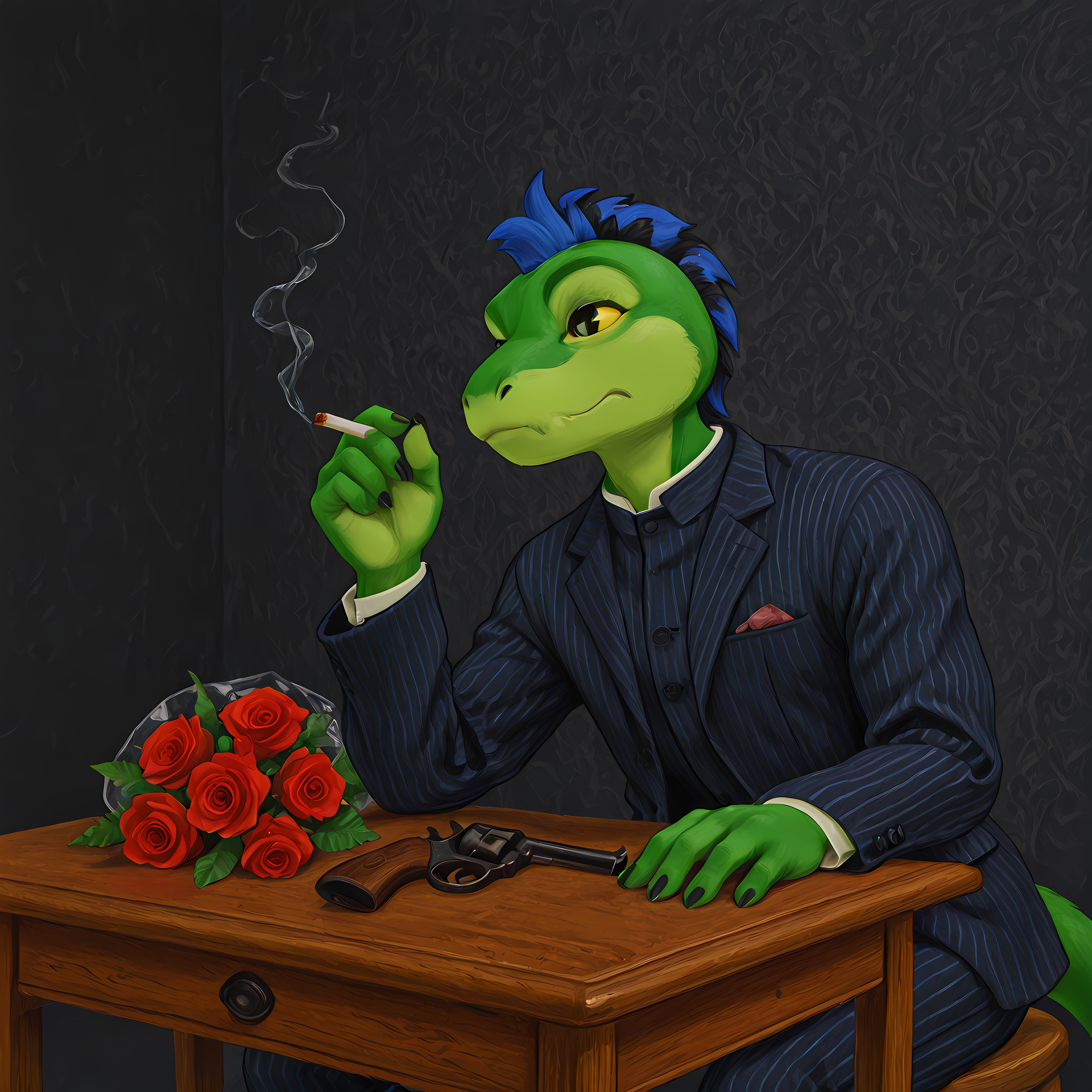 masterpiece, best quality, amazing quality, BREAK
mtmltyolb, sitting, table, roses, bouqet, handgun, revolver, holding cigarette, 5 fingers, BREAK
1boy, solo, male focus, sc1r0cc0, green body, yellow sclera, black eyes, slit pupils, blue mohawk, two tone hair, pinstripe suit, tail, BREAK 
  <lora:Music to Make Love to Your Old Lady By - ILXL:0.8> <lora:Scirocco Sasazaki - ILXL:1.0>, <lora:Szadek:0.8> sz3d3k <lora:WFA_-_PDXL_Artist_Style:0.8> wfastyle <lora:Torakitchen__Ebitendon_-_Style_-_PDXL:0.8> tk_style
