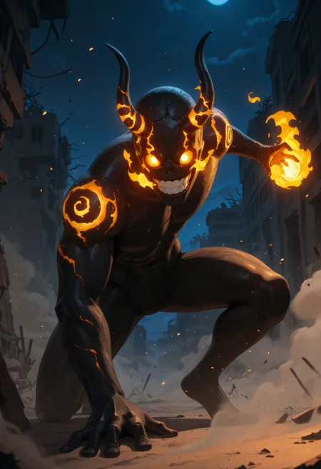 <lora:Infernal_12:1>, 1boy, horns, flaming eyes, black skin, tattoo, clenched teeth, grin, strong, 
night, fire, burning, ruins, fireball, dust effect, wind, hand on ground, hand up, incoming attack, very awa, masterpiece, best quality, highres, absurdres