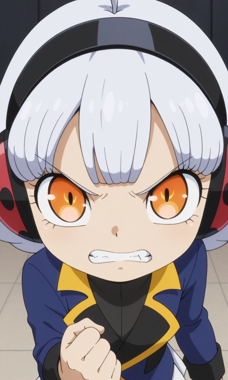 1girl, solo,dinois_v, light grey hair, short hair, ahoge, orange eyes, headphones, blue jacket, white pleated skirt,clenched teeth ,clenched hand, portrait, looking at viewer, masterpiece,best quality,amazing quality,very aesthetic,absurdres,newest,