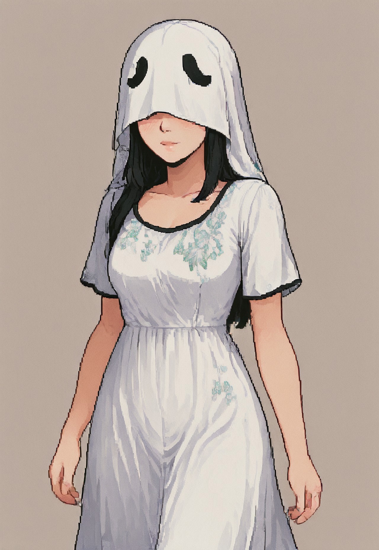 pixeldream, Whispa_OC, 1girl, rosy skin, long white dress with floral patterns and black trim,