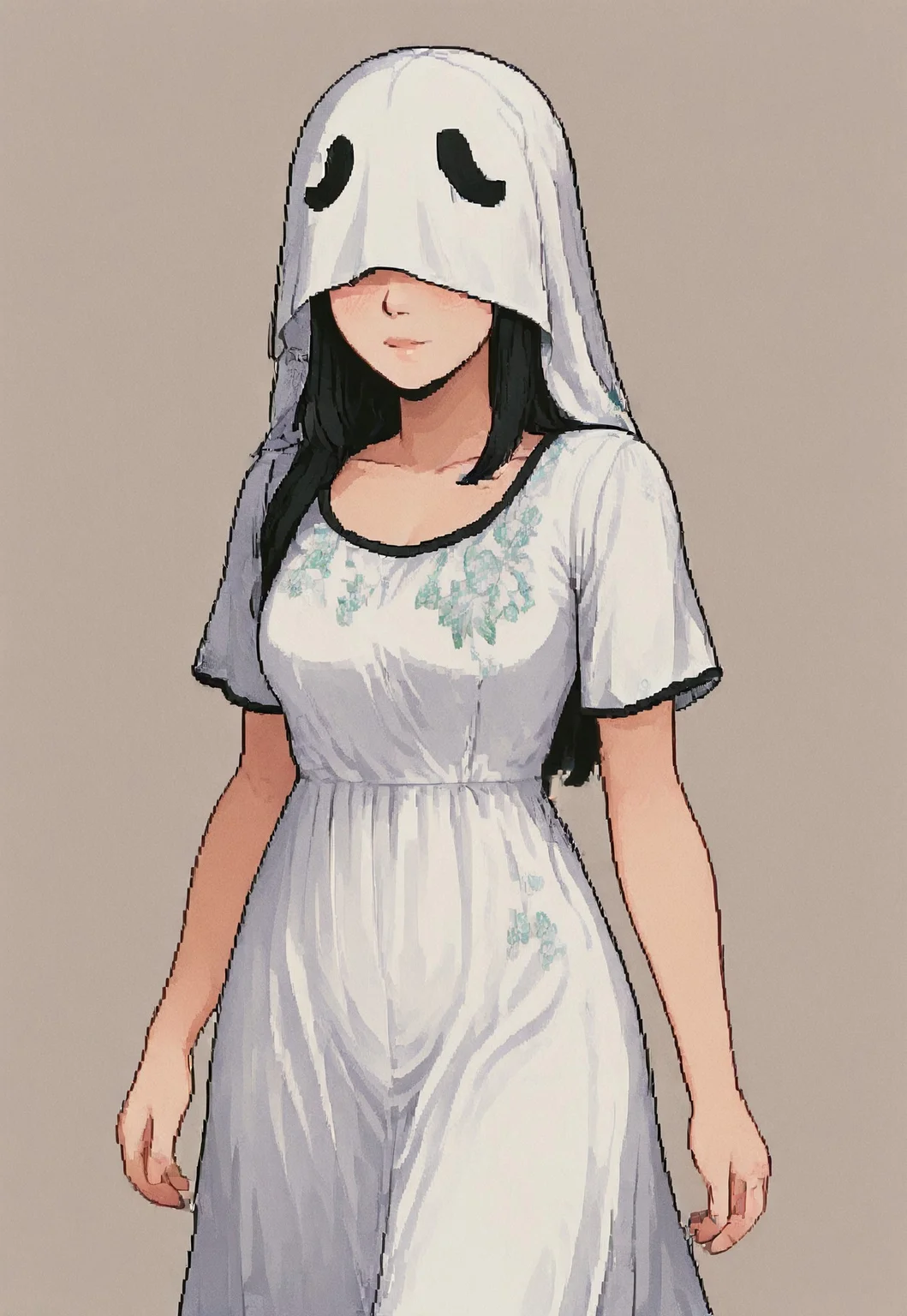 pixeldream, Whispa_OC, 1girl, rosy skin, long white dress with floral patterns and black trim,
