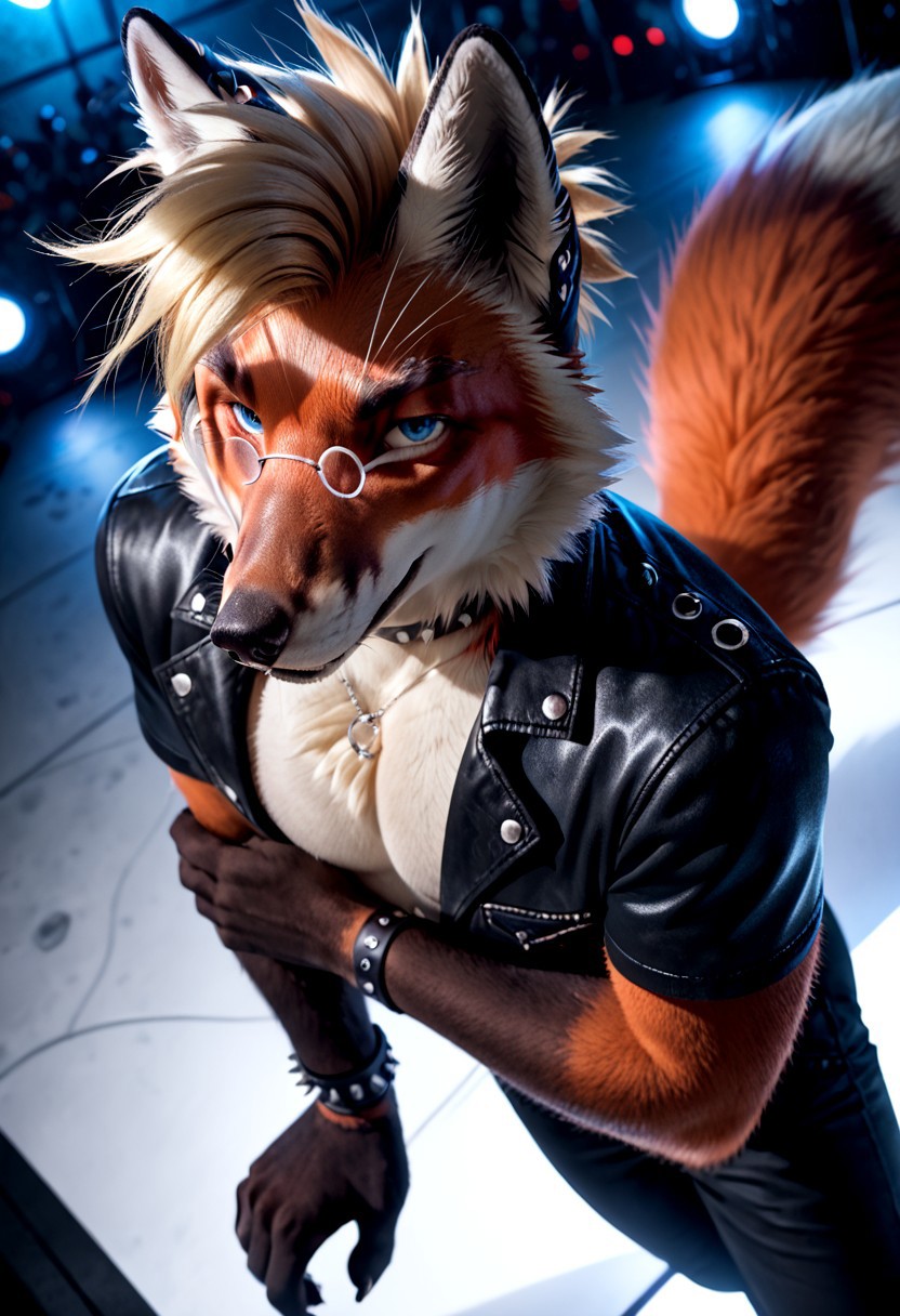 best quality, shaded, extreme detail, highly detailed, front view, top angle, big fluffy fox tail, score_9, score_8_up, score_7_up,
((best quality)), absurdres, anthro (male:1.4), (red fox:1.2), handsome, (short blonde punk hair, blue eyes:1.2), fur tuft, whiskers, at heavy metal night club, dancing, (black leather punk jacket, black metal band t-shirt, long black gothic leggings, silver jewellery, silver rings, silver bracelets, glasses:1.2), indoors, 8ubbl3w0lfpxl, charming smile, seductive expression, dynamic dancing pose, ultra detailed, intricate, dazzling blue eyes, detailed face, good anatomy, Perfect eyes, hands, 5 fingers at hands, best quality, shaded, extreme detail, highly detailed, ultradetailed, intricate, realistic, detailed background, hi res, realistic, photography, looks at the camera, night time, purple neon lighting, alcohol, busy alternative night club, anthro furry people dancing in background