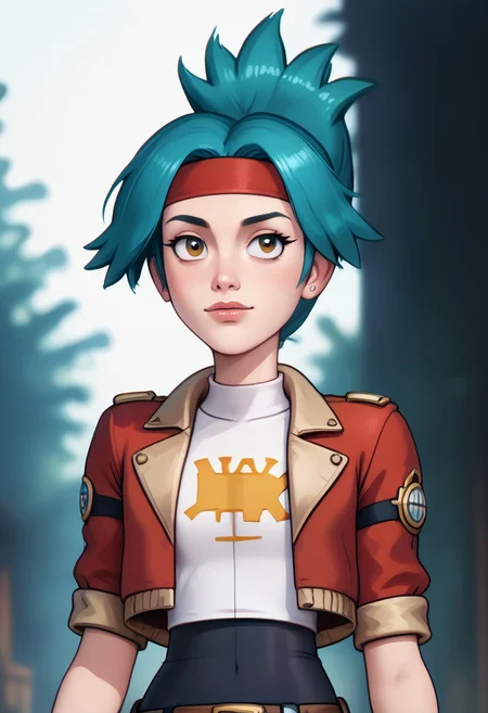score_9, score_8_up, score_7_up, score_6_up, PRSNL_3_1, uncensored, pupils black dots, lips,
upper body, best quality, masterpiece, 4k, realistic, warm light,
1girl, solana, blue hair, ponytail, brown eyes
headband, cropped jacket, open jacket, red jacket, fingerless gloves, belt, shoes, thighhighs