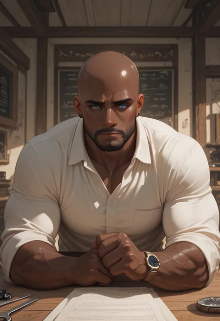 masterpiece, best quality, amazing quality, absurdres, newest, detailed background, definition so sharp, Ultra-HD, 8K cinematic, very awa, impressionate, amazing quality, highres,
1boy, mbti_estj, muscular man, mature man, bald, dark skin, facial hair, blue eyes, watch, solo, artisan workshop, warm light, wooden textures, tools, focused, concentrated, calm demeanor, natural materials, hands at work, craftsmanship, details, soft shadows, inviting atmosphere, high quality, aesthetic