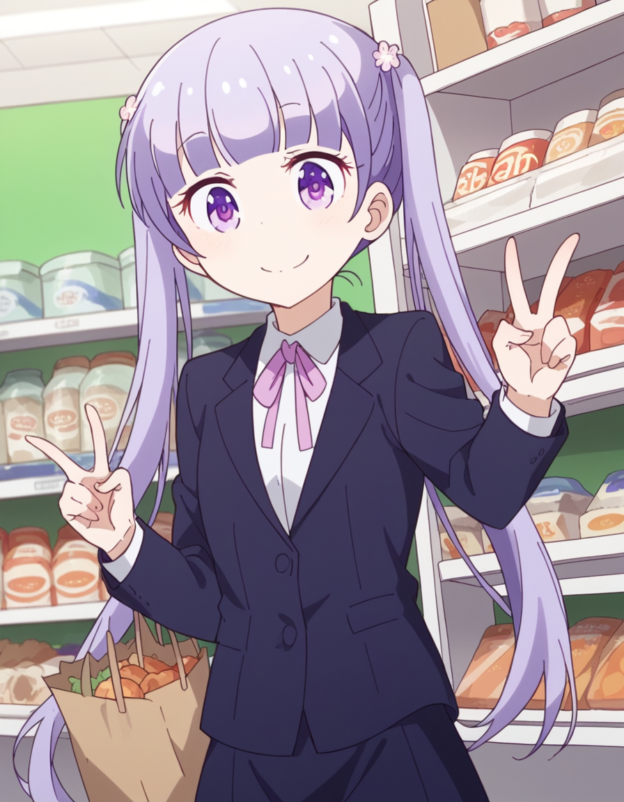 score_9, score_8_up, score_7_up, source_anime, <lora:aoba-suzukaze-s2-ponyxl-lora-nochekaiser:1>, aoba suzukaze, eyebrows, hair ornament, long hair, purple eyes, purple hair, twintails,, blue skirt, bow, bowtie, business suit, dress shirt, formal, neck ribbon, pink bow, pink bowtie, pink ribbon, ribbon, shirt, skirt, skirt suit, suit, white shirt,, grocery store, cashier, shopping bag, scanning items, small talk, everyday routine, smile, , v, v over eyes, smile, solo,, cowboy shot, dutch angle