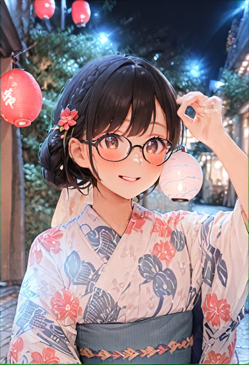 masterpiece, best quality, very aesthetic, absurdres,
mizufusen, 1girl, solo, glasses, yukata, hair ornament, hair flower, holding, smile, upper body, sash, floral print, black hair, hand up,  braid, blush, night, summer, paper lantern, blurry background, 
 <lora:mizufusen_SDXL_V1:1>