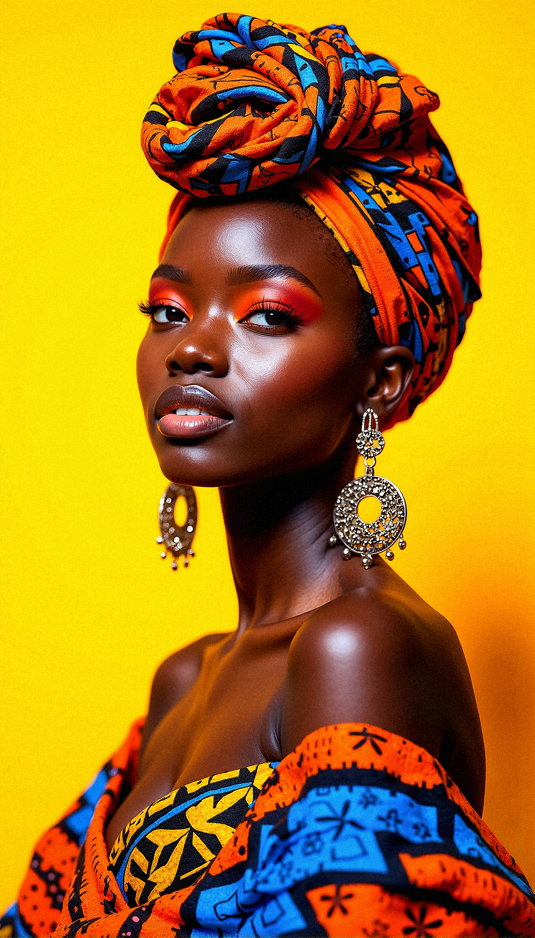 a photorealistic portrait of a African woman, standing in front of a vibrant, sunny yellow backdrop that complements the warmth of her expression. Her attire is a colorful, intricately patterned headwrap that covers her hair, tied in an elaborate and elegant style. The headwrap is adorned with bright colors like orange, blue, red, and yellow, forming geometric patterns that reflect traditional African textile art. She also wears a draped shawl across her shoulders, covered in similar bold, intricate patterns, creating a harmonious blend of colors and textures. Large, statement earrings with African-inspired symbols dangle from her ears, catching the light and adding a touch of elegance. Her skin is smooth and glowing, with natural freckles scattered across her cheeks, enhancing her authentic beauty. The image should emphasize photorealistic detail, capturing the textures of the fabrics, the softness of her skin, and the bright, reflective qualities of the earrings, evoking a sense of pride, joy, and cultural richness.