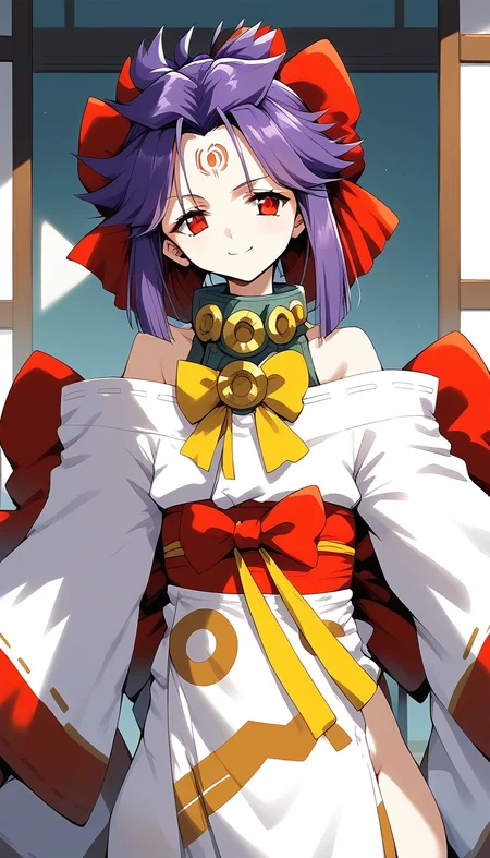 score_9, score_8_up, score_7_up, source_anime, rating_explicit, BREAK <lora:kakurine_Ver2.1_XL:1> kakurine, facial mark, forehead mark, red eyes, purple hair, long hair, sidelocks, hair bow, red bow, collar,
bare shoulders, japanese clothes, white kimono, long sleeves, Yellow bow, serious, smile,
tatami, Japanese room,
