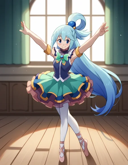 score_9, score_8_up, score_7_up, source_anime, konosubaaqua, <lora:konosuba-aqua-s2-ponyxl-lora-nochekaiser:1>, aqua (konosuba), long hair, blue eyes, hair ornament, very long hair, blue hair, hair rings, single hair ring, hair bobbles,, <lora:tutu-ponyxl-lora-nochekaiser:1>, tutu, ballerina, ballet, ballet slippers, white pantyhose,, indoors, dancing, smile, blush,, full body, dutch angle, looking at viewer,