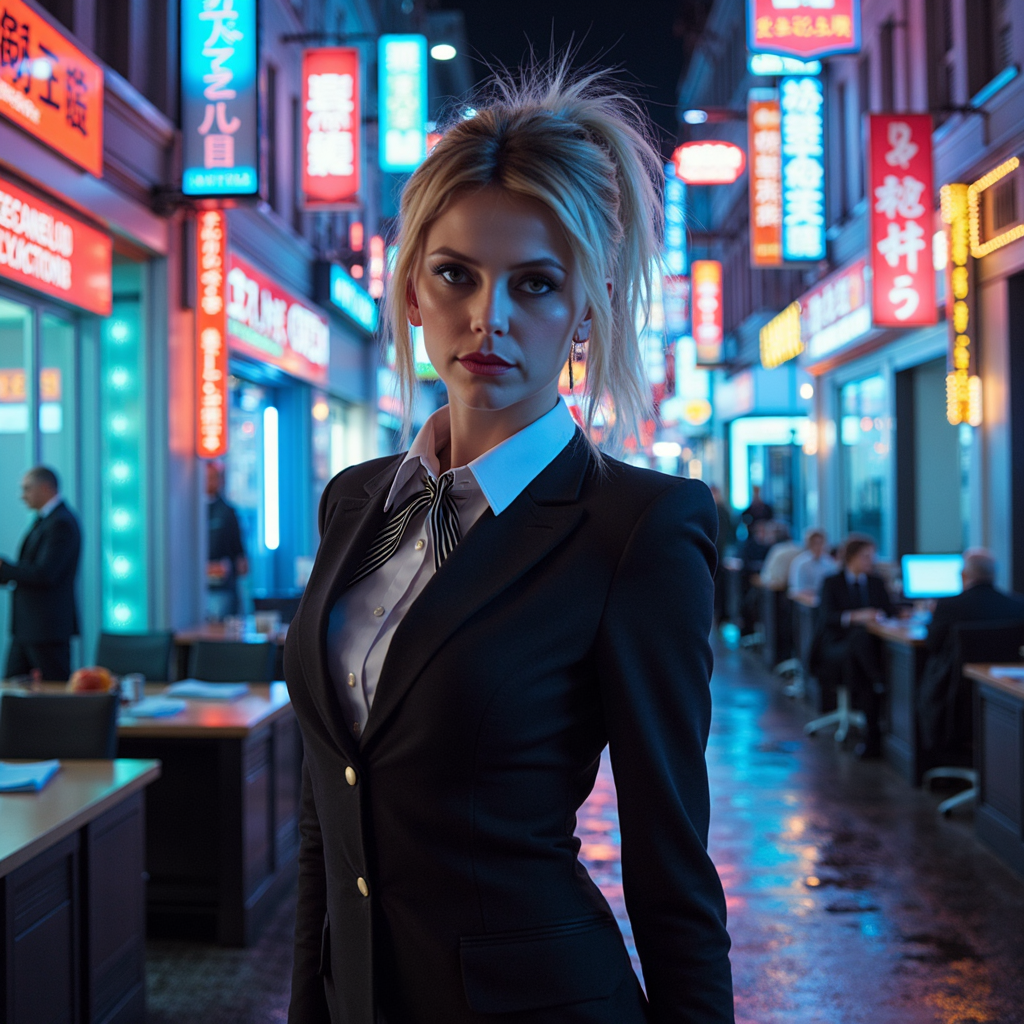 futuristic style neon noir surrealist art a beautiful blond woman, wearing a secretary uniform, in an office <lora:Riley_Voelkel:1> rileyv . dreamlike, mysterious, provocative, symbolic, intricate, detailed . cyberpunk, dark, rainy streets, neon signs, high contrast, low light, vibrant, highly detailed . sleek, modern, ultramodern, high tech, detailed