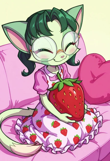 Dreamkeepers,1girl,prelude_lilith,solo,furry,tail,green hair, source_furry,glasses,magenta eyes,
child, kid,
in a strawberry-print dress sitting on a giant strawberry cushion, holding a real strawberry and smiling with her eyes closed.
Tags: 1girl, strawberry_print, cushion, strawberry, smile, happy, cute, frilly_dress, big_eyes, indoor, pastel_colors, simple_background, peaceful