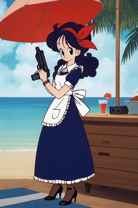 source_anime, score_9, score_8_up, score_7_up, anime screencap,
cocottedbs, high quality, launch good
1girl, solo, apron, long dress, blue dress, pantyhose, high heels, wrist accessory, arm by side, outdoors, smile, long hair, holding, curly hair, frills, short sleeves, blue eyes, blue hair, day, gun, red hairband, ribbon, full body, sky, cloud, submachine gun, white collar,
outdoors, island, ocean, sand
<lora:launch_pony_v1.0:0.8>