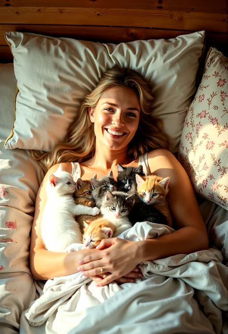 RAW photo, an intimate close-up from above of a slightly voluptuous blonde woman, lying in bed while kittens of all colors cuddle with her. The happiness in her expression is captured in stunning 8K resolution with photorealistic sharpness and detail, making the image a perfect, realistic masterpiece.

A bed frame made of natural, warm-toned wood, with visible grain patterns that add a rustic charm to the scene. Overstuffed, fluffy pillows in various sizes and soft pastel colors, creating a comfortable, inviting environment.Soft, natural shadows cast by the morning light, adding depth and realism to the scene.Mismatched bedding with different textures and patterns, adding a cozy, eclectic feel to the bed.


