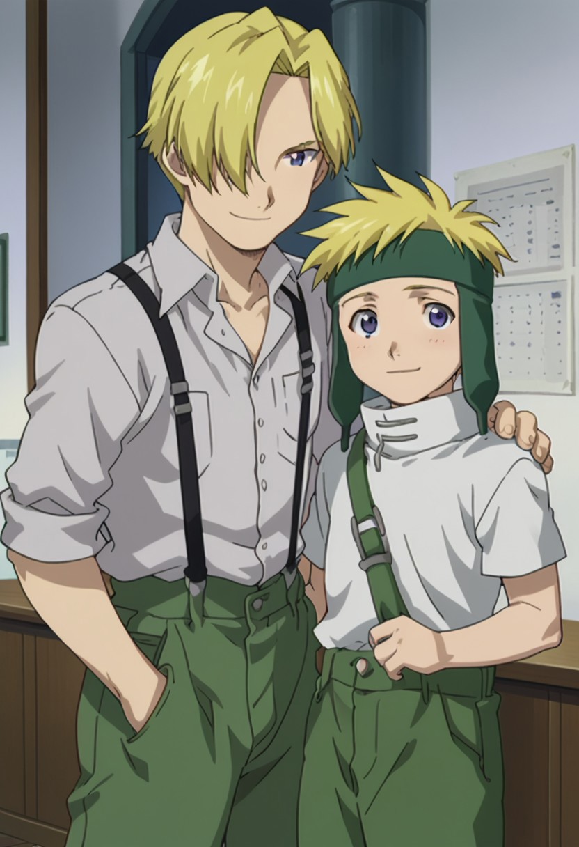 score_9, score_8_up, score_7_up, source_anime, highly detailed, 2boys,

fletchertringham, 1boy, male focus, blonde hair, upper body, standing, shirt, white shirt, pants, short sleeves, headband, green pants, overalls, forehead protector, blue eyes, smile, BREAK

russelltringham, 1boy, male focus, blonde hair, blue eyes, suspenders, shirt, pants, black pants, white shirt, collared shirt, hair over one eye, BREAK

posing for a photo, brothers, hand on another's shoulder, height difference,