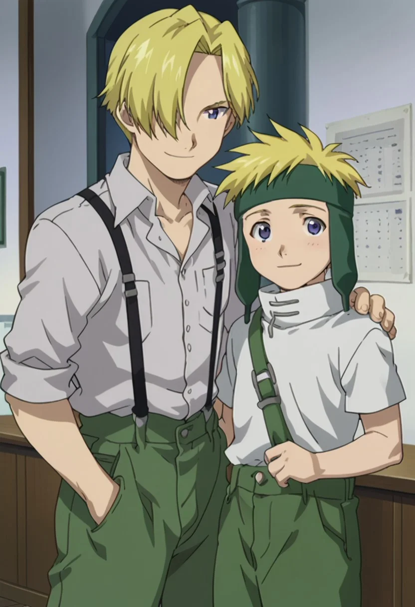 score_9, score_8_up, score_7_up, source_anime, highly detailed, 2boys,
fletchertringham, 1boy, male focus, blonde hair, upper body, standing, shirt, white shirt, pants, short sleeves, headband, green pants, overalls, forehead protector, blue eyes, smile, BREAK
russelltringham, 1boy, male focus, blonde hair, blue eyes, suspenders, shirt, pants, black pants, white shirt, collared shirt, hair over one eye, BREAK
posing for a photo, brothers, hand on another's shoulder, height difference,