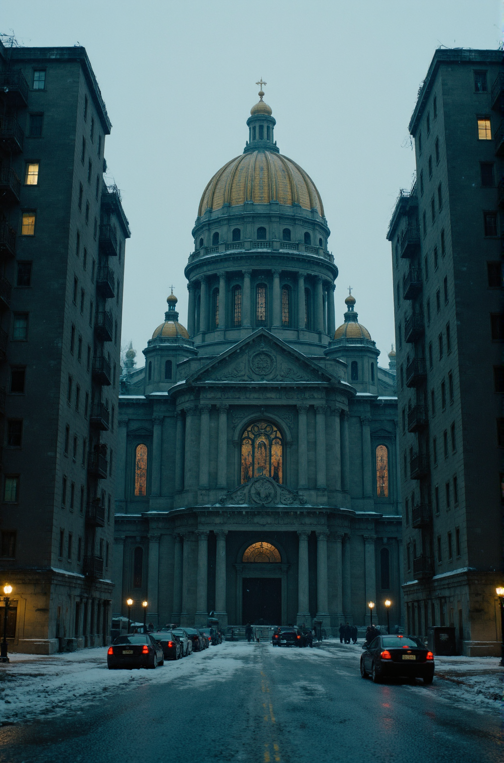 (majestic cathedral), (ornate architecture), (golden dome), (angel statues surrounding the dome:1.2), gothic details, intricate carvings, illuminated stained glass windows, central perspective â (dystopian brutalist apartment blocks:1.3) surrounding the cathedral, (harsh concrete), (decaying exteriors), windows glowing faintly, moody snowfall, overcast sky, cold desaturated color palette, cinematic lighting
 <lora:CinematicStyleFlux_v1:1>