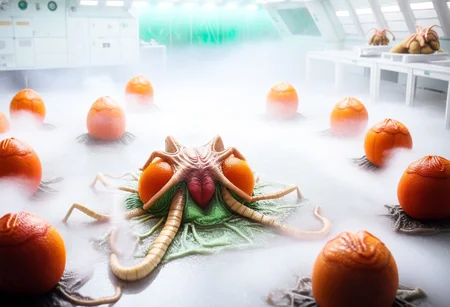 fchgr, blood orange style, xenoegg, view of a group of hatched xenoeggs, xenoeggs made of orange peel, horror theme, green light, space station interior, foggy ground, beautifully lit,
Female Doctor in lab coat with facehugger jumping at her, female doctor lay down, facehugger, alien facehugger