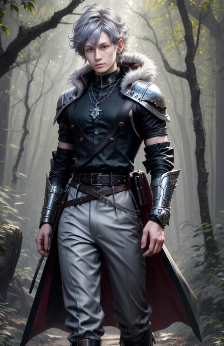 8k, ((masterpiece)).((best quality:1.2)), sharp focus, full body, head to toe, 1 young man, 22 years old, youthful appearance, male focus, dynamic pose, silver colored hair, curly hair, EYESHD, Nora outfit fur accents, Nora outfit bead necklaces, Nora outfit pants, Nora outfit hip quiver, Nora outfit leg guards, Nora outfit arm braces, Nora outfit belt with pouches, and Nora outfit fur boots, defined body, thin waist, looking at camera, armor, detailed background a wooded clearing, (absurdres) , <lora:more_details:0.5>, <lora:wrenchftmfshn>,<lora:add-detailxl:0.8>, <lora:Eyes_High_Definition-000007>, <lora:bulge:1>, <lora:lightup_brightness_v200:1>, <lora:Nora:1>
