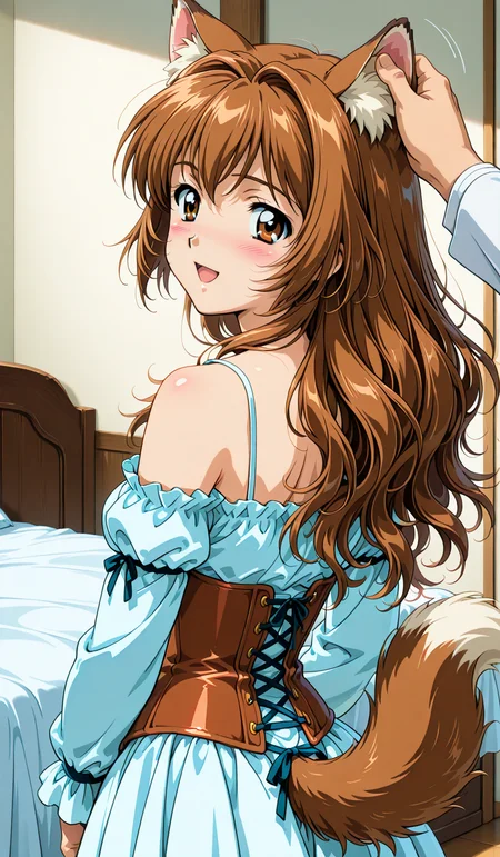 <lora:et-pet:1>
dog tail,
1girl, solo,
animal ears, tail, long hair, blush, brown hair, 
open mouth, animal ear fluff, skirt, brown eyes, looking at viewer, bare shoulders, looking back, corset, long sleeves, headpat, shirt,
standing, standing still,
smile,
nsfw,
1990s (style),
anime coloring:2,
masterpiece, beatuiful face, best quality,
white bed, indoors,
