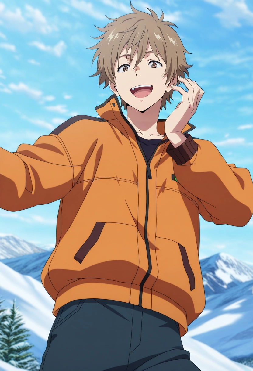 masterpiece, best quality, , anime screencap, anime coloring, official style, , 1boy, solo, male focus, <lora:shun_hashimoto_ilxl:0.9>, shun_hashimoto, brown hair, brown eyes, short hair, from below, snowy mountain, day, sunny, dynamic pose, laughing,