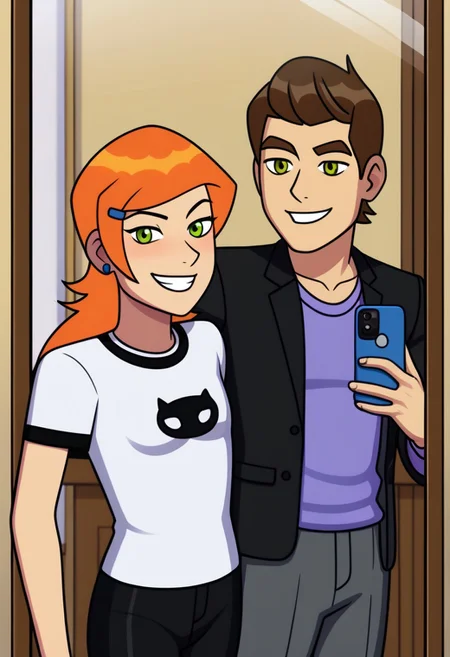 2 people, taking selfie in the mirror, fancy outfits,