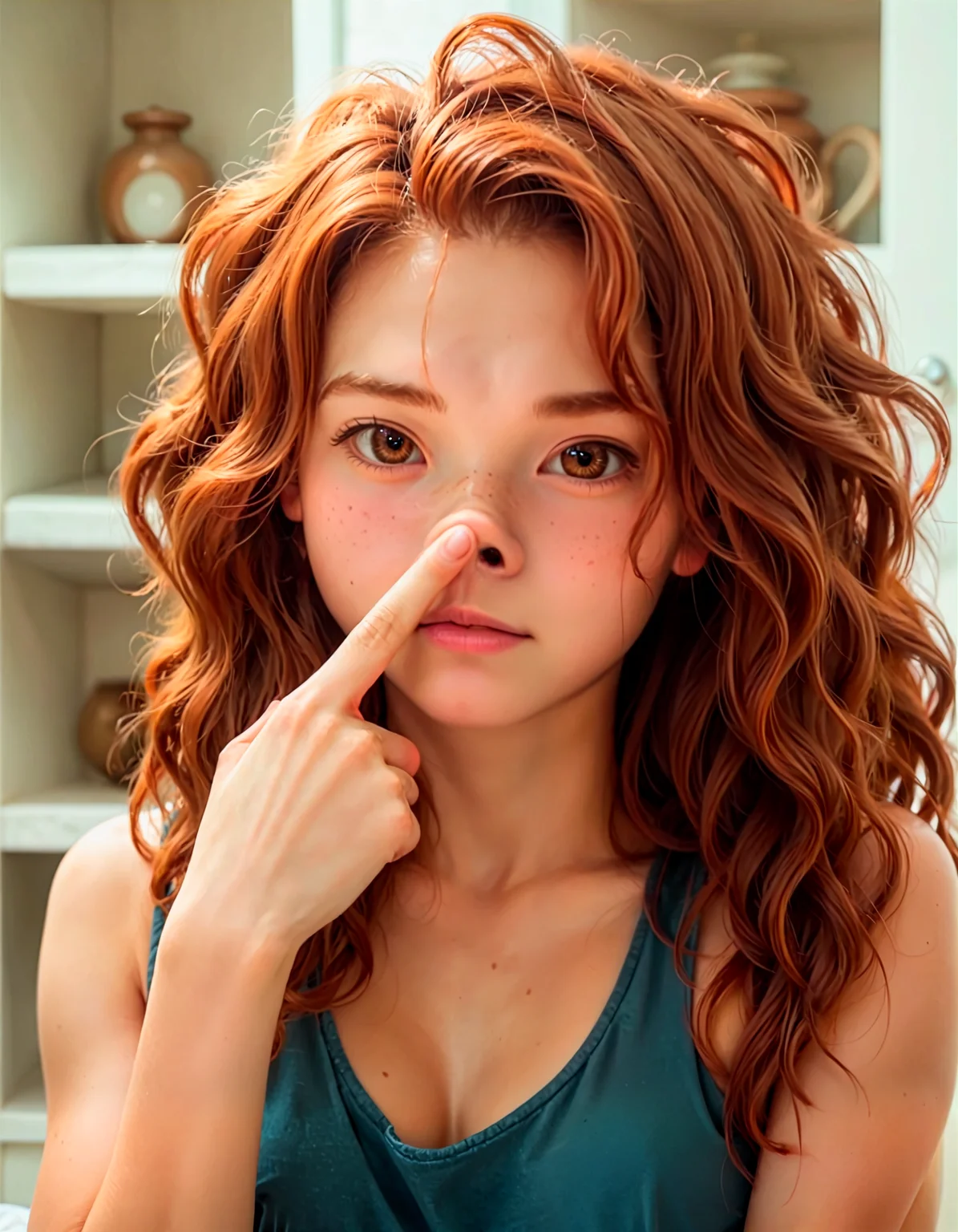 safe_pos, score_9, score_8_up, score_7_up, score_6_up, nosepushup, 1girl, adult, solo, Merida from Brave,brown hair, long hair, perfect face, perfect eyes, sexy, sexy girl, white_tank_top, beautiful eyes, brown eyes, skinny, fit, petite body, slim hips, perfect cute face, exposed naked medium breasts, upper body, nosepushup,look down,looking viewer, blue pupill <lora:Poses\PONY_Realistic_nose_push_up_v1-000007.safetensors:0.8:0.8> <lora:Faces\EnvyPonyPrettyEyes01.safetensors:0.2:0.2> <lora:Detailing\cfg_scale_boost.safetensors:0.5:0.5> <lora:skin\FLUXEnh4nce.safetensors:0.8:0.8> <lora:Detailing\Expressive_H-000001.safetensors:0.3:0.7000000000000001>